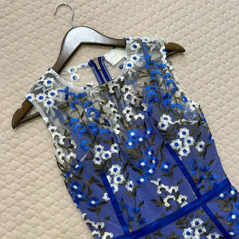NWT $498 BRONX & BANCO Blue & White Floral Embroidered Mesh Cocktail Dress XS 2 - Image 7