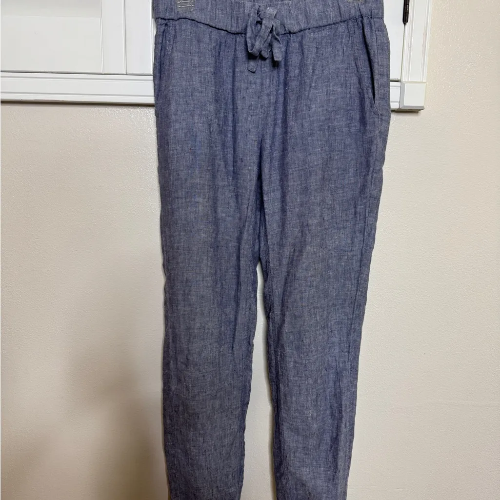 Saks Fifth Avenue Women's Size Blue Linen Pants Pull On Drawstring Fringe - Image 2