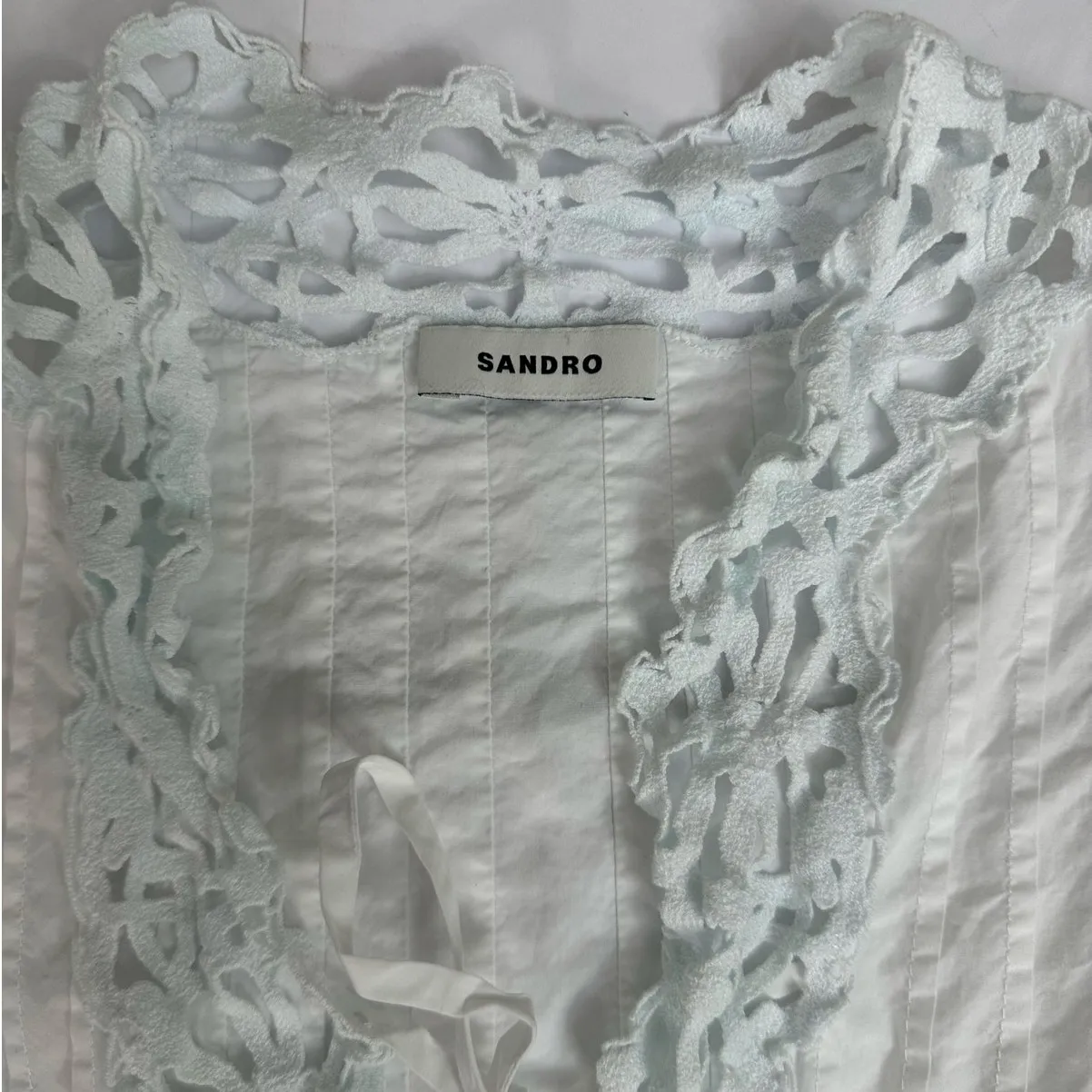 Sandro Mini Dress White Cotton Pintuck Lace Detail Long Sleeve size Small - Image 3