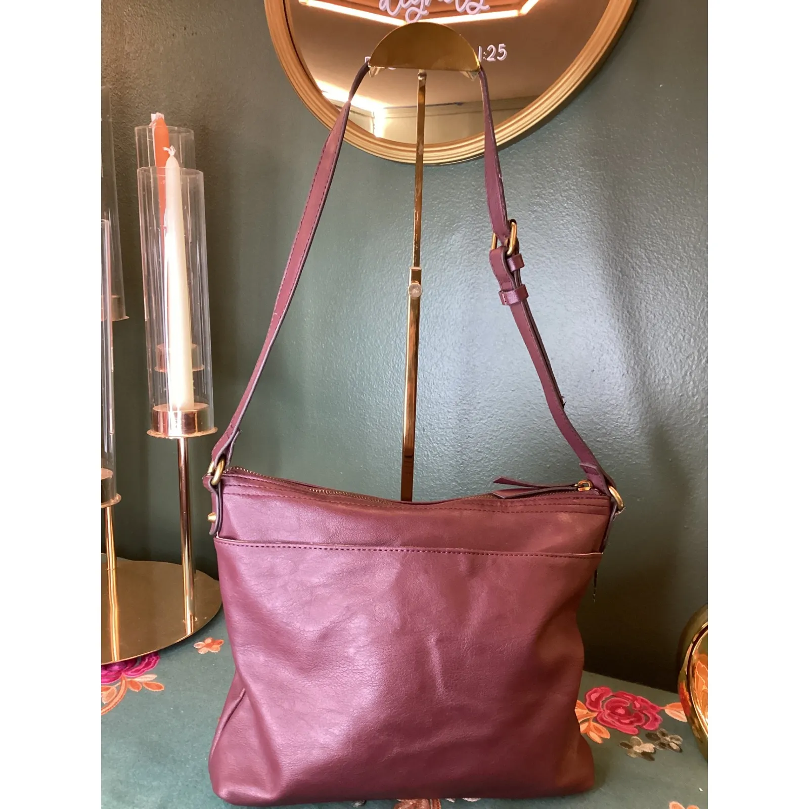 ROSSETTI Burgundy Shoulder Bag Vintage 80s vibes Zipper Accents Adjustable Strap Purple - Image 2