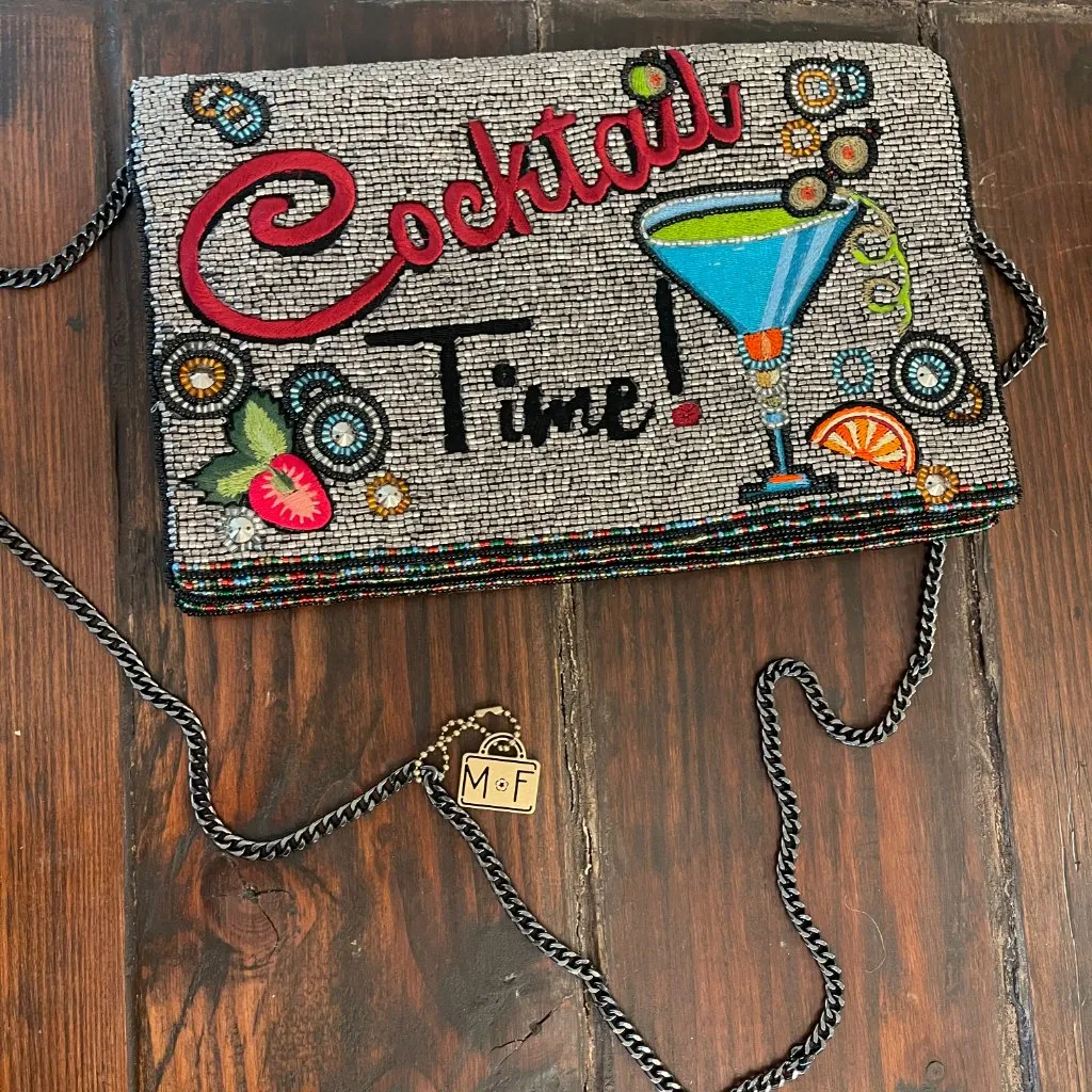 Mary Frances Cocktail Time Beaded Blue Martini Clutch Bag Purse Silver - Image 4