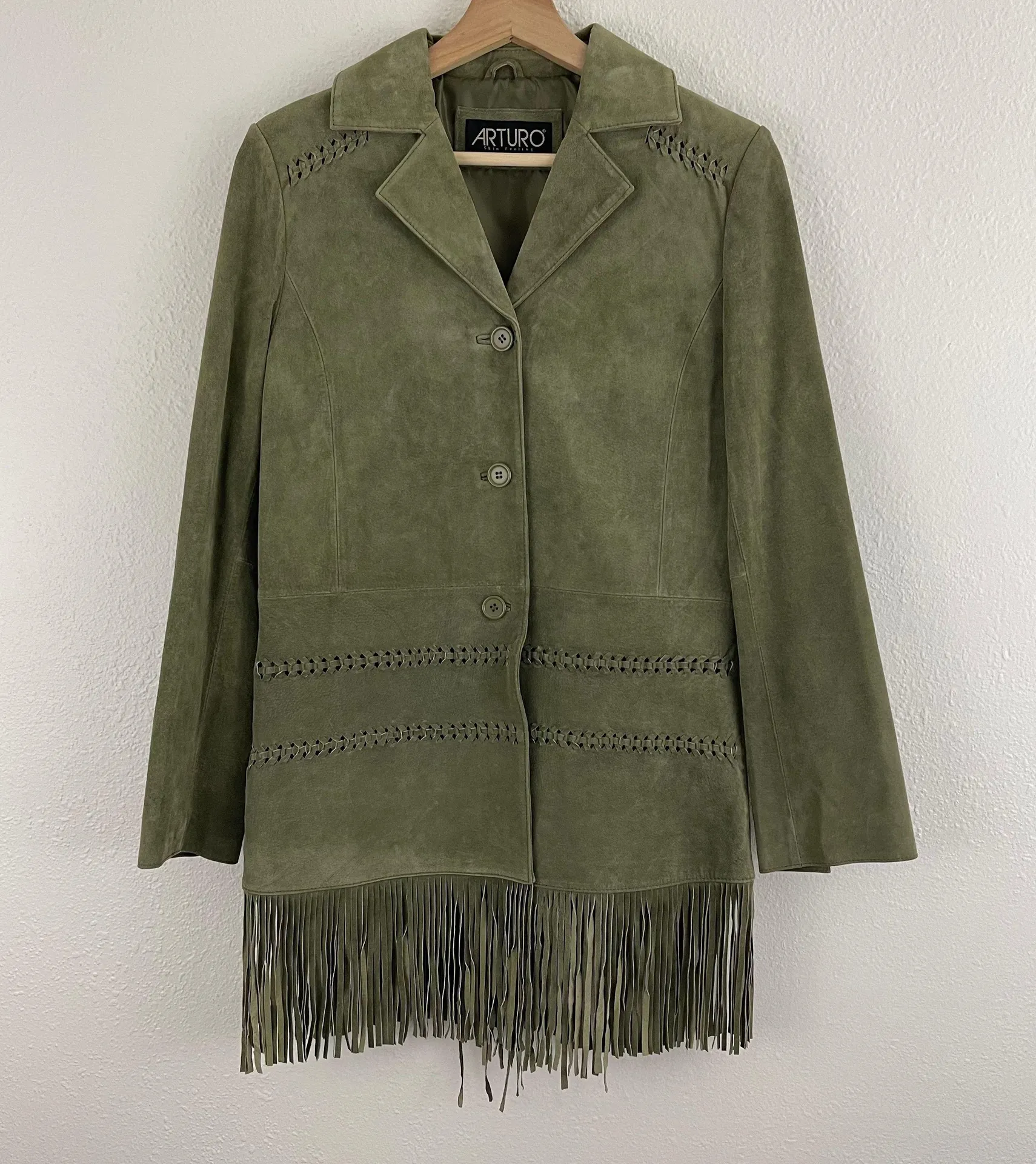 ARTURO Vintage 90s Army Green Suede Leather Grunge Fringe Hem Button Up Jacket Size M - Image 3