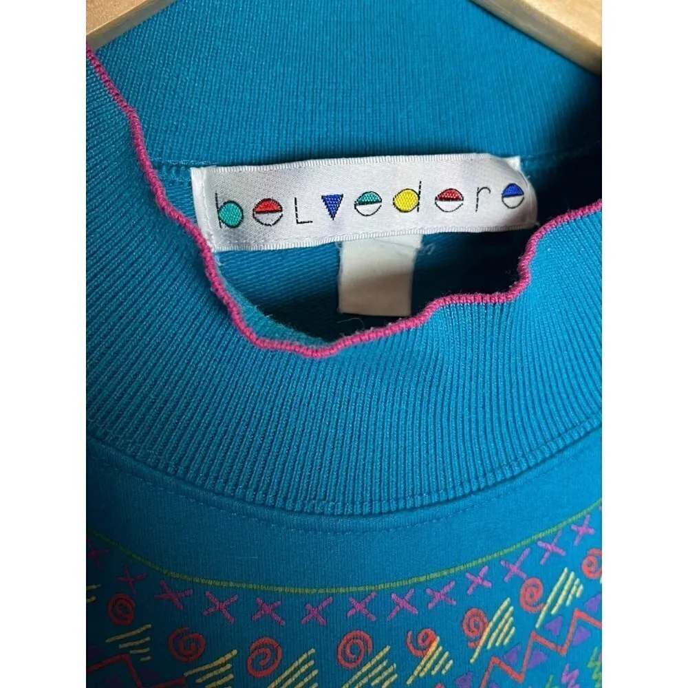 Belvedere Women's Size L Mockneck 80s Print Pullover Sweatshirt Bright Blue Geo Size L - Image 5