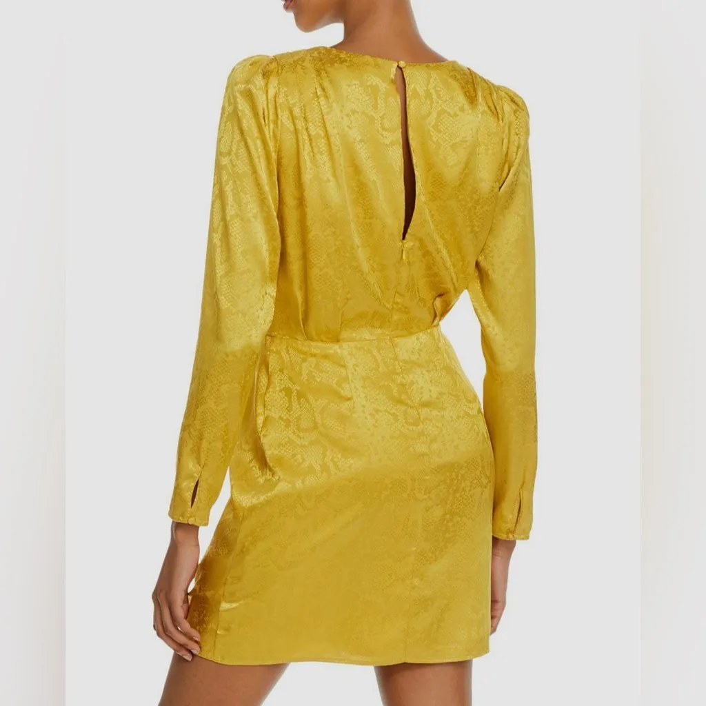WAYF Yellow Gold Snake Print Long Sleeve Mini Dress Ruched Low Cut Large New‎ - Image 3
