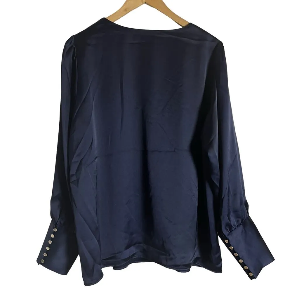 Rachel Zoe Navy Blue Satin V-Neck Long Button Sleeve Blouse Size Large - Image 9