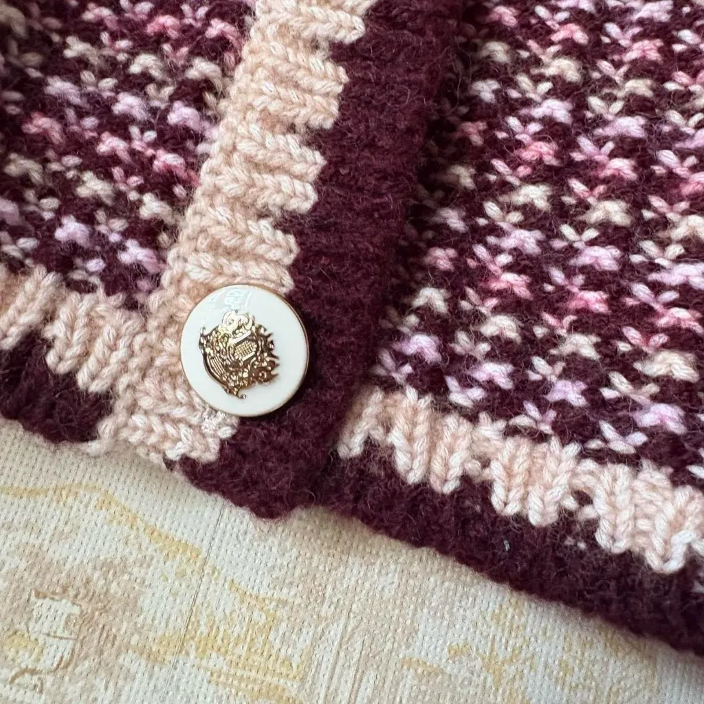 Talbots Tweed Crewneck Cardigan Sweater burgundy purple knit wool blend preppy - Image 7