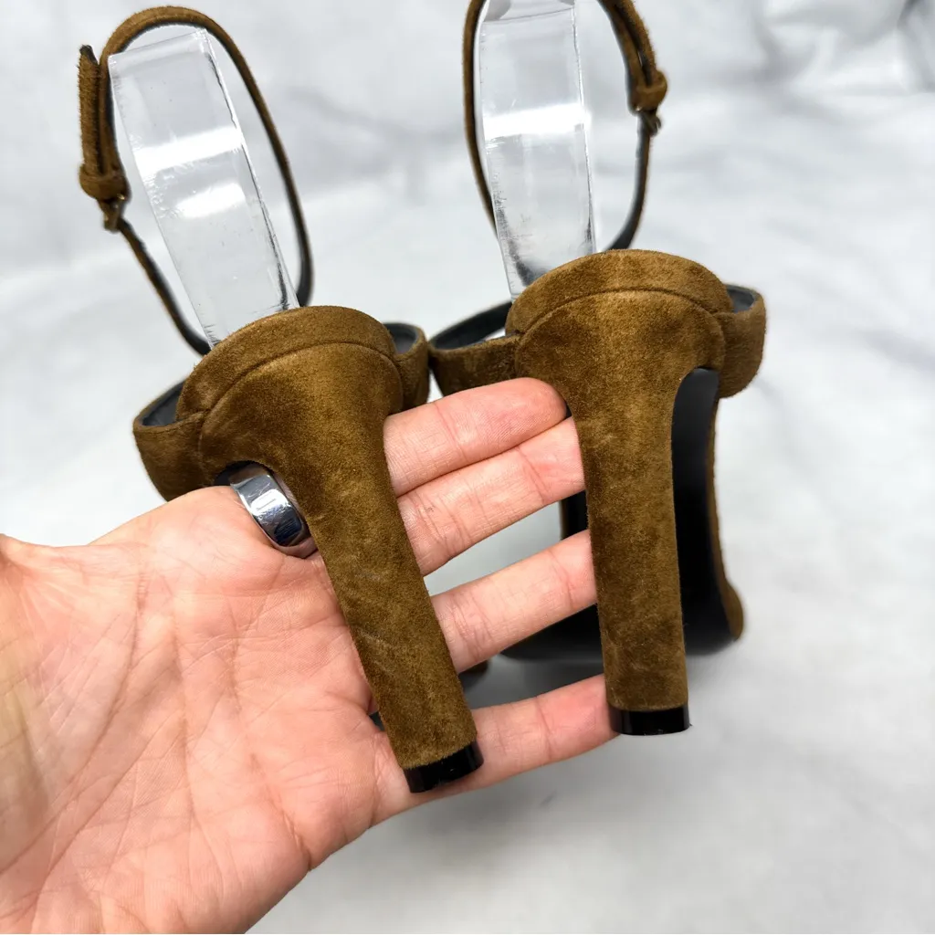 Saint Laurent Bea Bow Suede Square Toe Ankle Wrap Strap Sandal Heels Brown 37 - Image 8