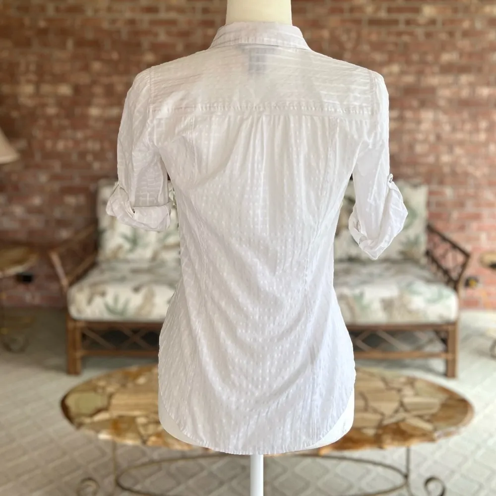 WHBM Top Roll-tab Sleeve White Textured Luxe 0 Button Up Collared Blouse Dressy - Image 7