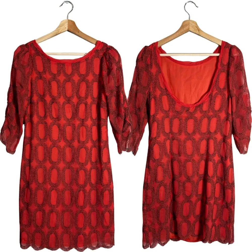 Frock! by Tracy Reese Silk Backless Mini Dress Women's 4 Red Black Embroidered - Image 2