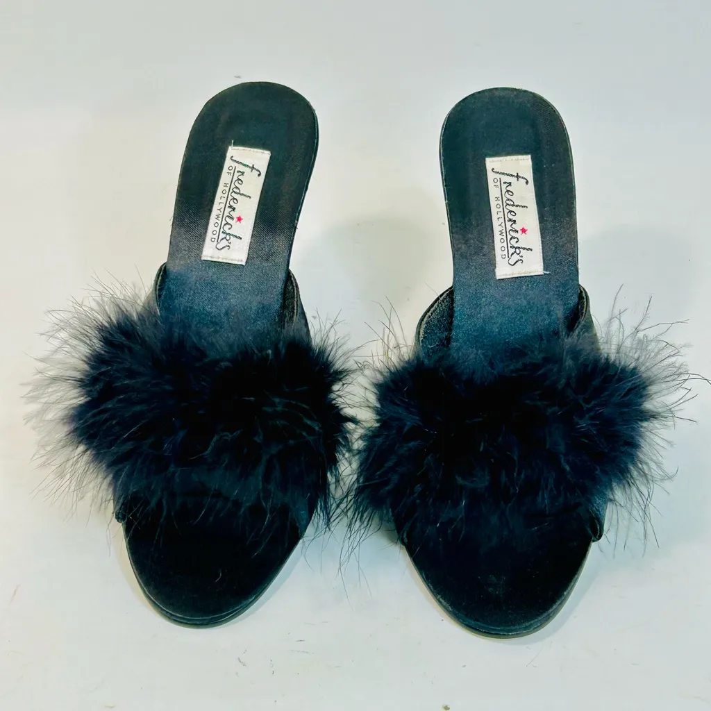 Vintage Frederick’s of Hollywood Black Maribou Feather and Silk Heels 4” size 8 - Image 4