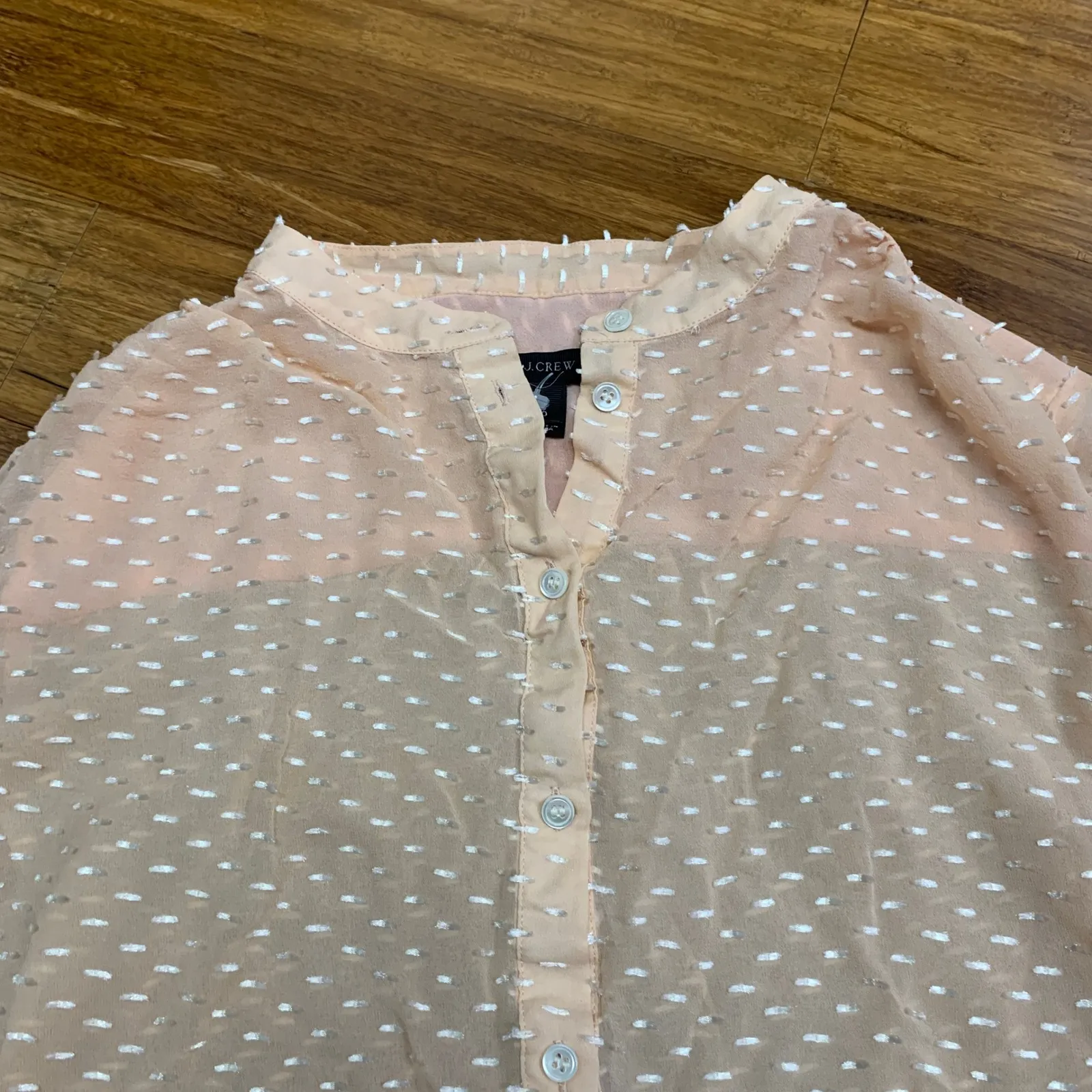 J. Crew Sheer Swiss Dot Blouse Button‎ Up Band Collar Silk Blend Peach Size 0 - Image 2