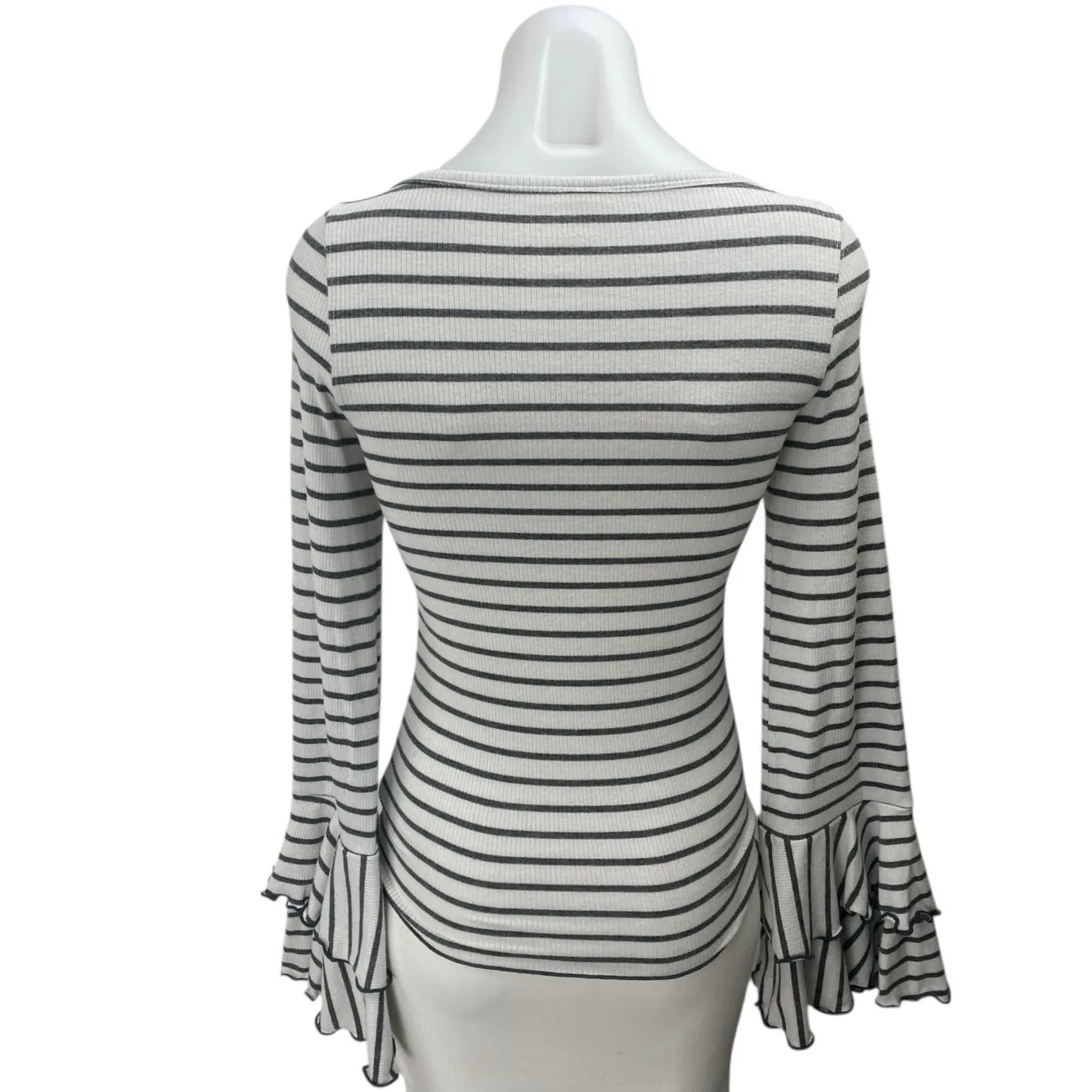 Free People Good Find White Black Striped Ruffle Long Bell Sleeve Sweater Top XS - Image 2