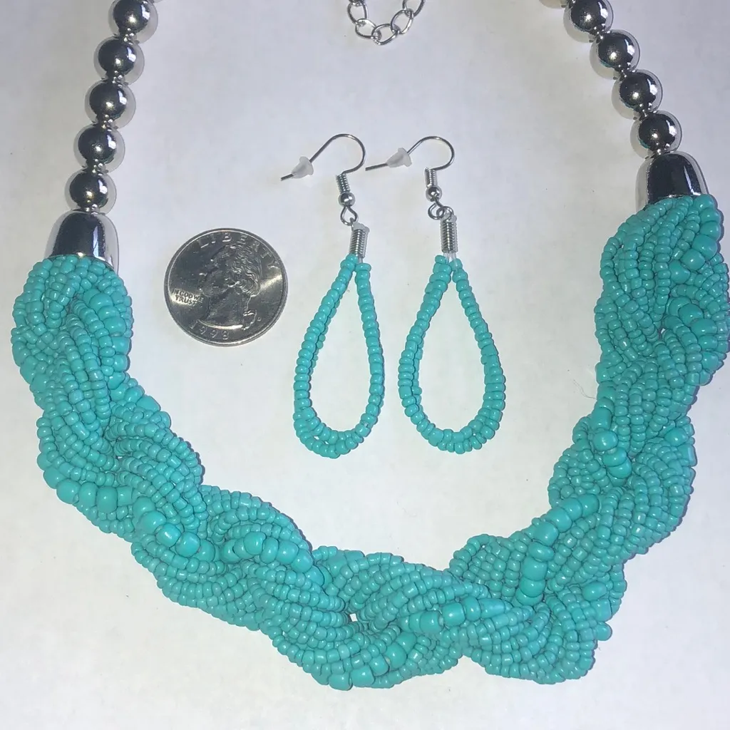 Silver Tone Turquoise Color Boho Beaded Necklace and Earring Set Blue - Image 2