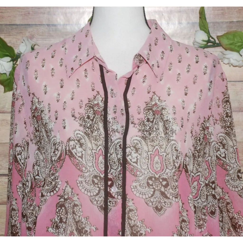 Pretty Emma James Paisley Print Pink Brown Sheer Blouse Size 16 Career Church - Image 2
