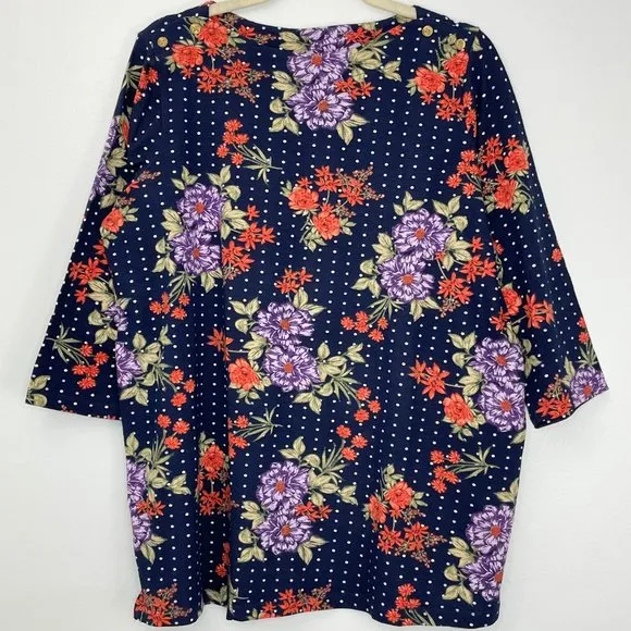 New  Floral Polka Dot Button Boatneck 3/4 Sleeve Tunic Top 14/16 - Image 2