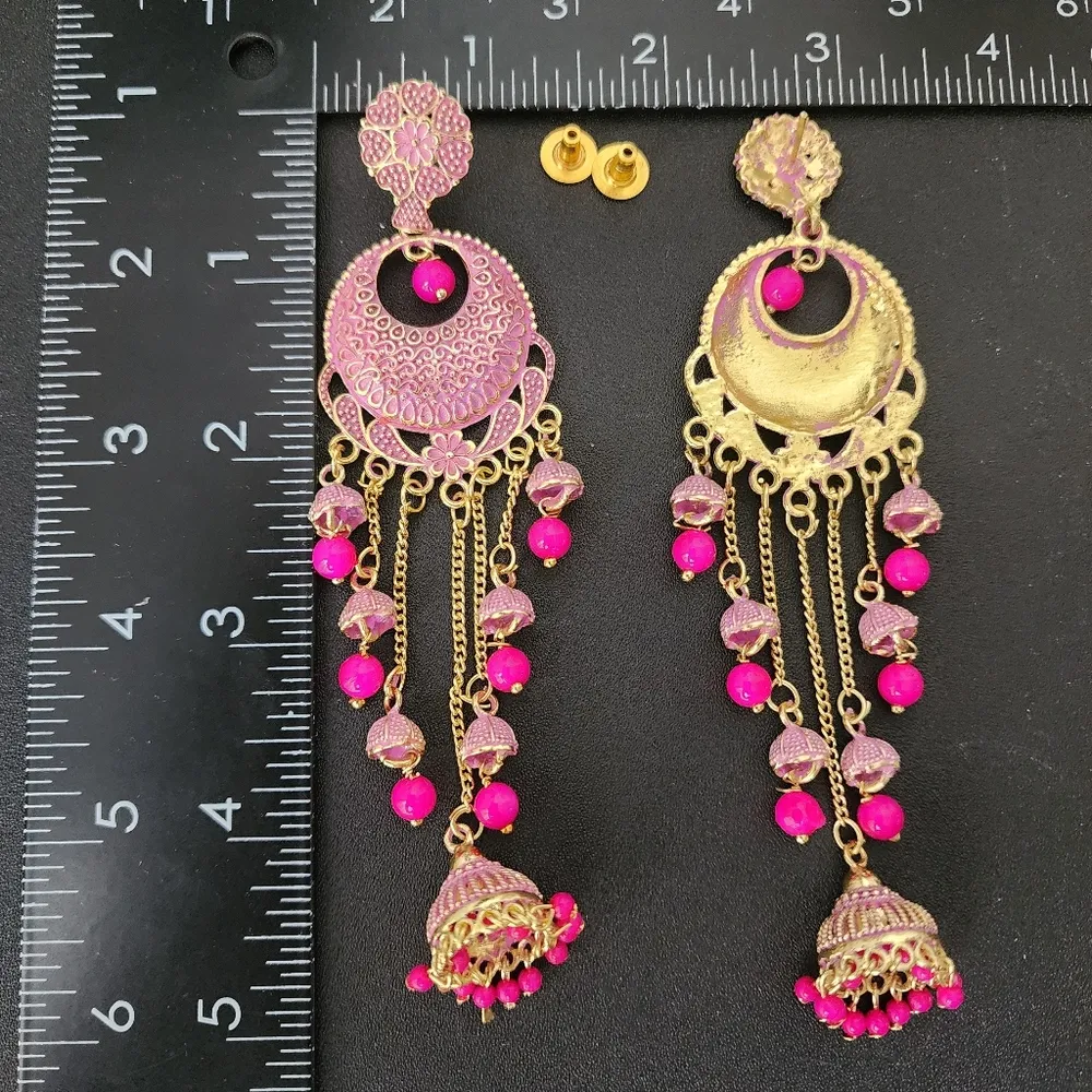 Beautiful Gold and Pink Jhumke Chandelier Earrings - Image 7