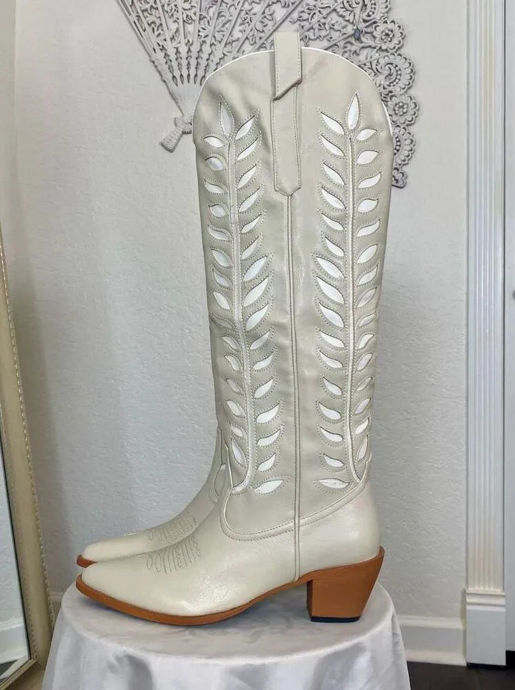 NIB Cream White Boho Western Cowboy Cowgirl Boots US 9 - Image 8