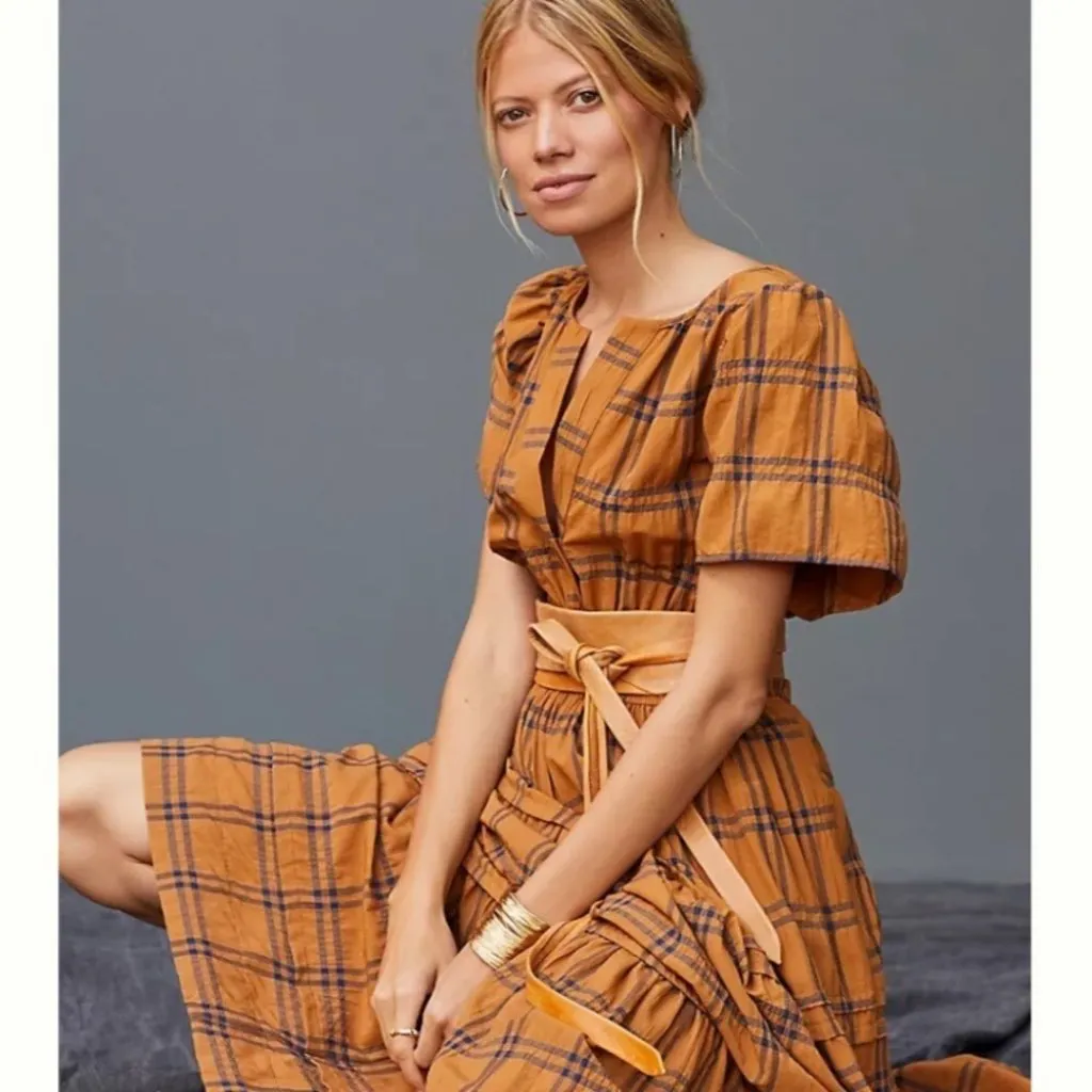 NWT Maeve by Anthropologie Somerset Maxi in Maize Plaid Tiered Cotton Dress 2X - Image 2