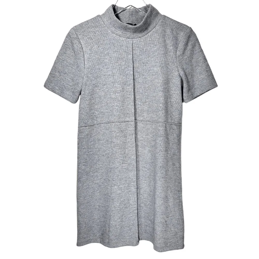 Zara Cotton Blend Reverse Seam Short Sleeve Ribbed Sweater Mini Dress in Grey - Image 7