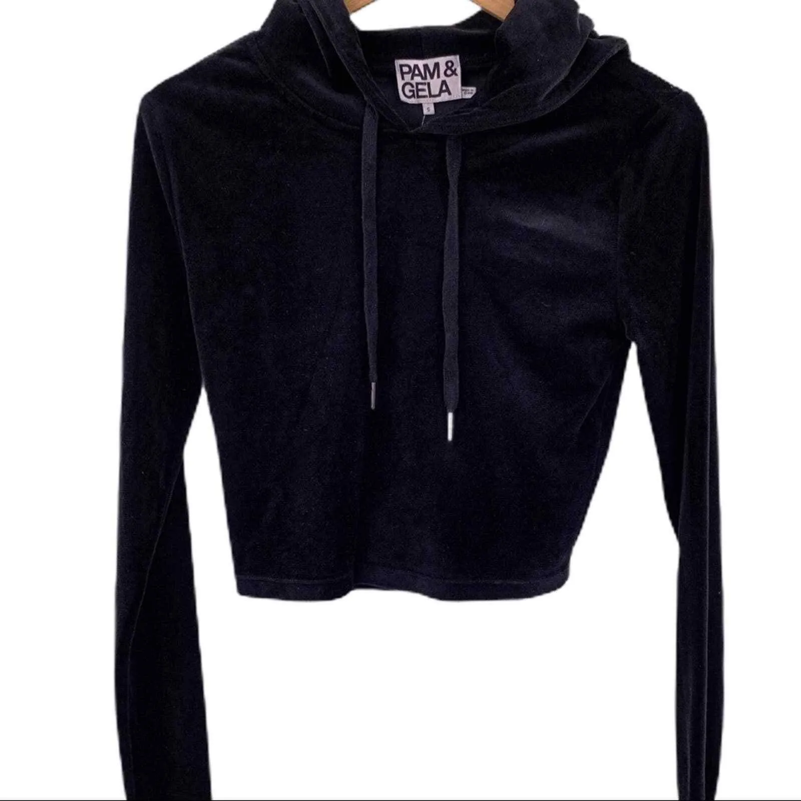 Pam & Gila black velvet cropped hoodie small new‎ - Image 2