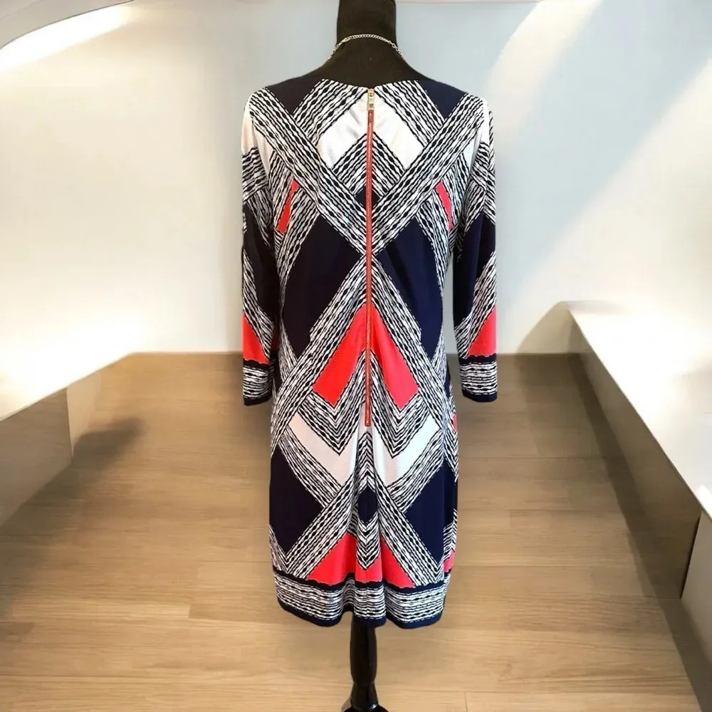 Vince Camuto Geometric Print‎ Long Sleeve Shift Dress Navy Coral White Size 12 - Image 4