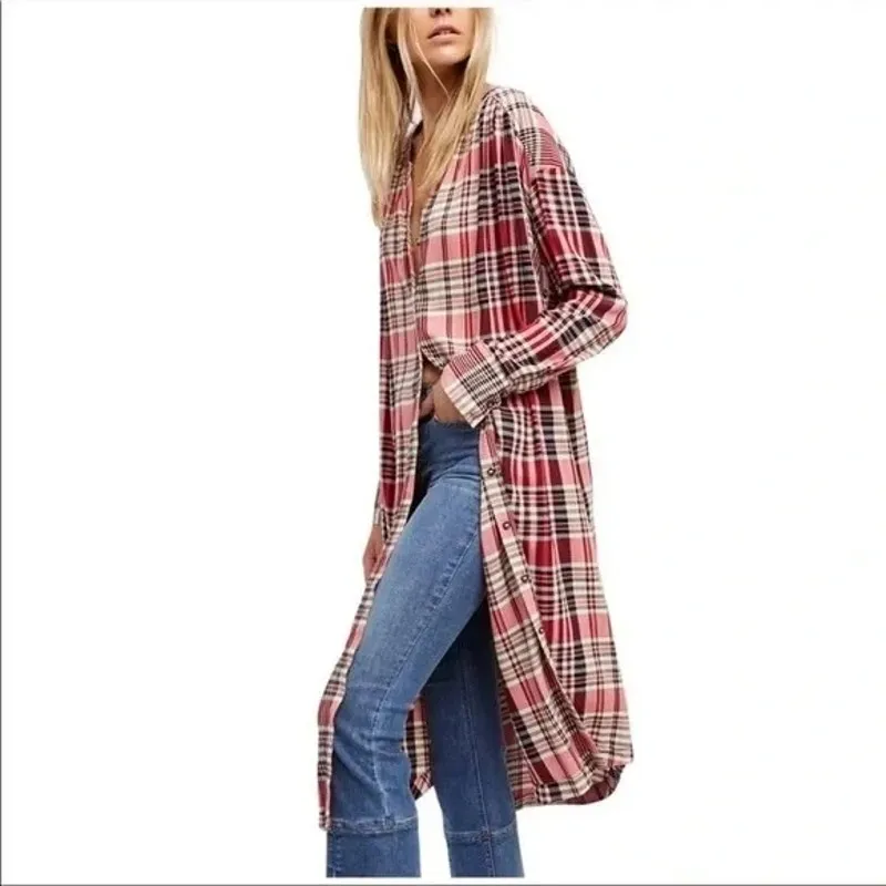 Free People Loralei Plaid Button Down Tunic Shirt Dress Size XS Boho Holiday - Image 4