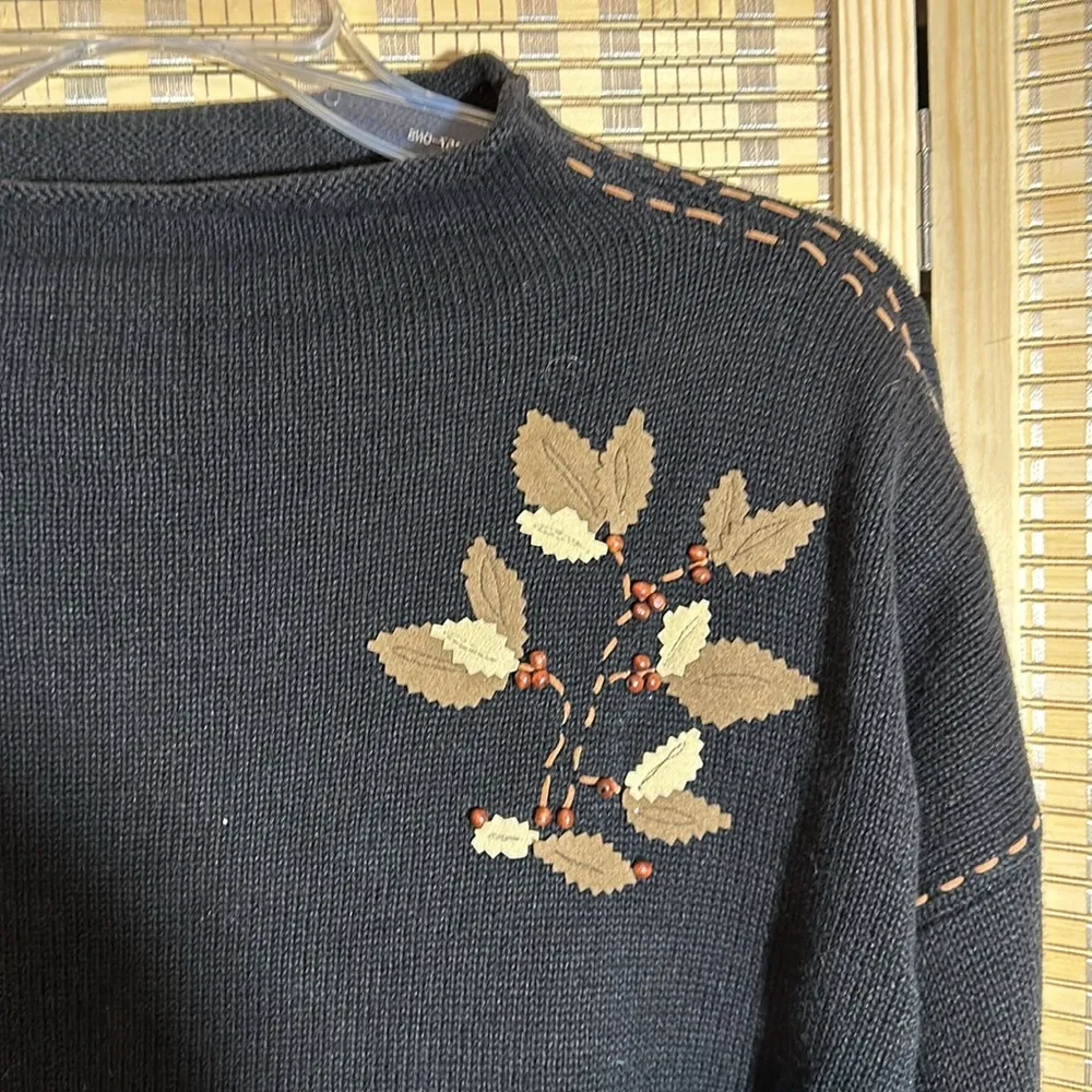 Susan Bristol Vintage Y2K Auturn Leaf Pattern Black Beaded Sweater Size XL - Image 4