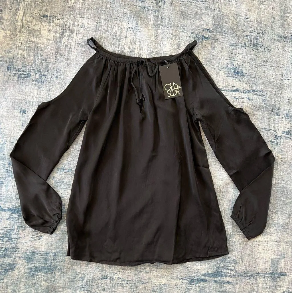 Chaser Black Tie Neckline Cold Shoulder Long Sleeve Peasant Blouse Medium - Image 3