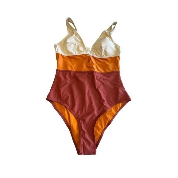 Clip She One Piece Swimsuit Color Block High‎ Cut Leg Plunge Bathing Suit Brown Size L - Image 4