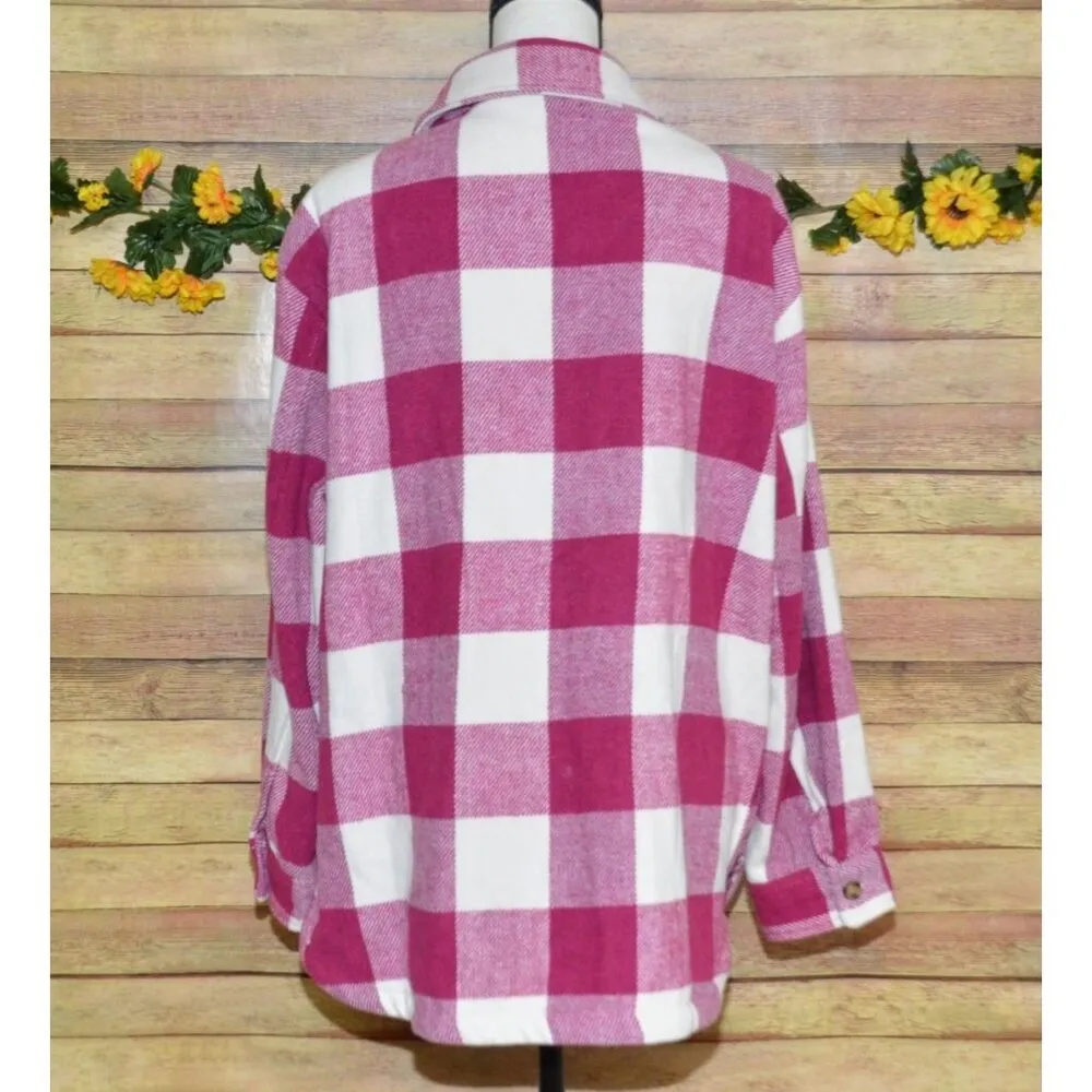 Plum Purple & White Plaid Shacket Jacket Ladies L Pockets Collared Warm Casual Size L - Image 9