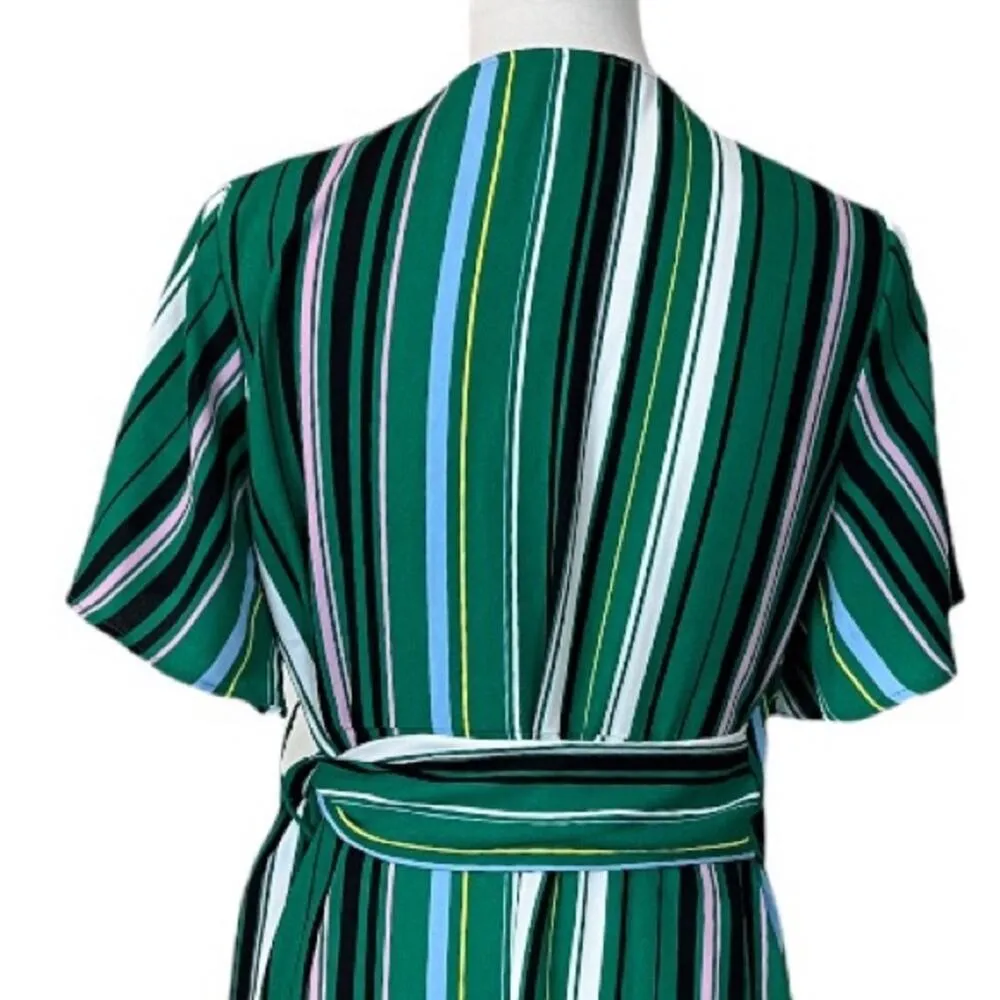 Halogen Women's Wrap Tie Waist Midi Dress Green Black Multi Stripes Size SP - Image 12
