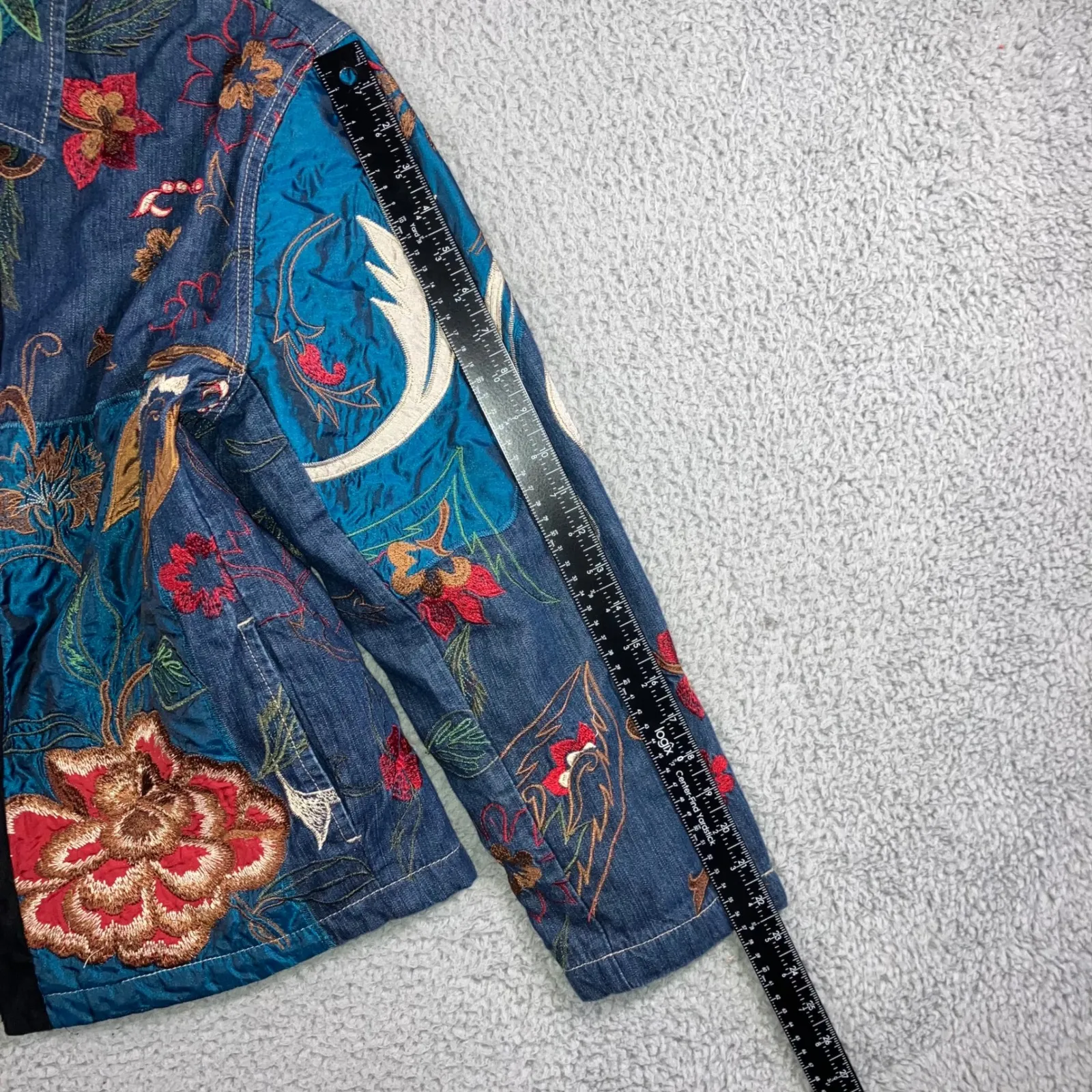 Vintage Chicos Denim Embroidered Floral Jacket Women 2 Blue Quilted Lined Zip Up - Image 6