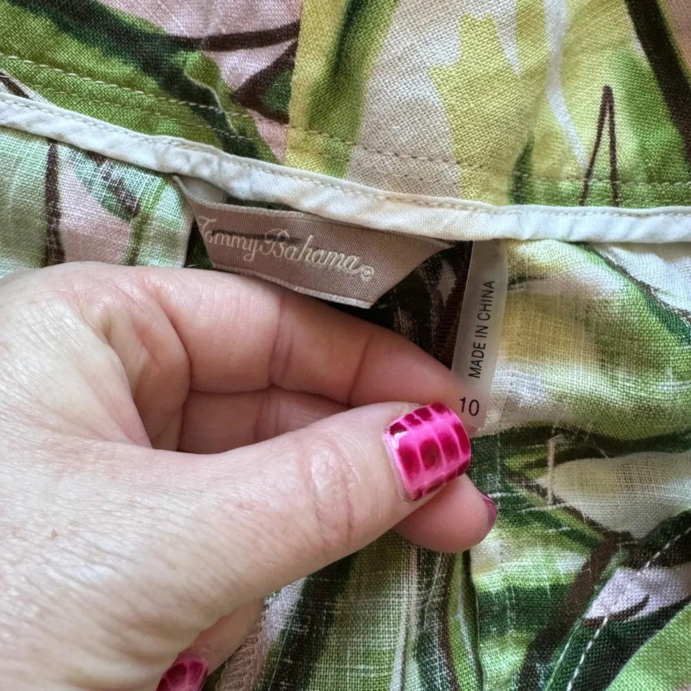 Women's Tommy Bahama Green High Waist Leaf Print Linen Beach Shorts Size 10 - Image 4