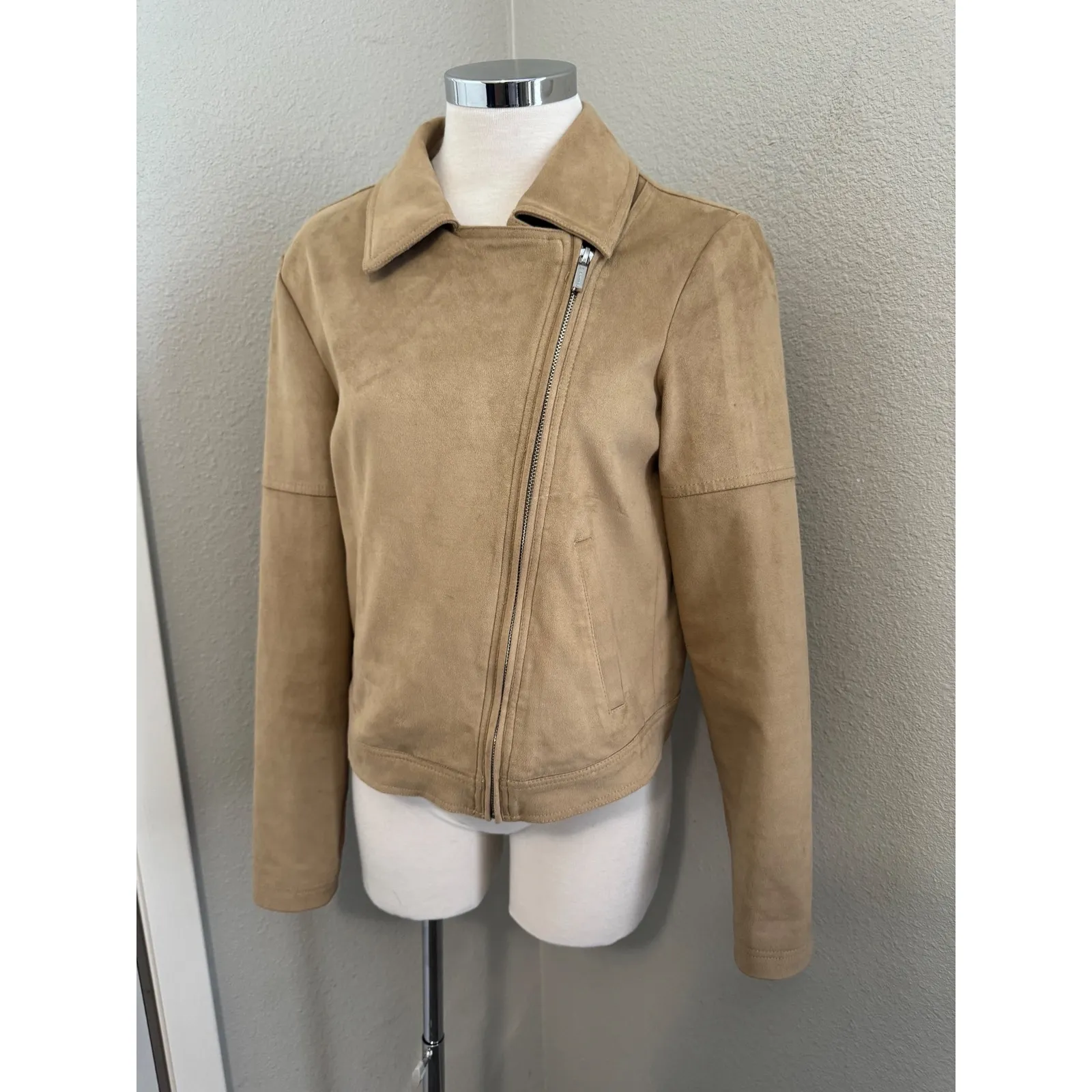 Halston Moto Jacket Faux Suede Tan Zip Up Biker Coat Size‎ 4 - Image 6