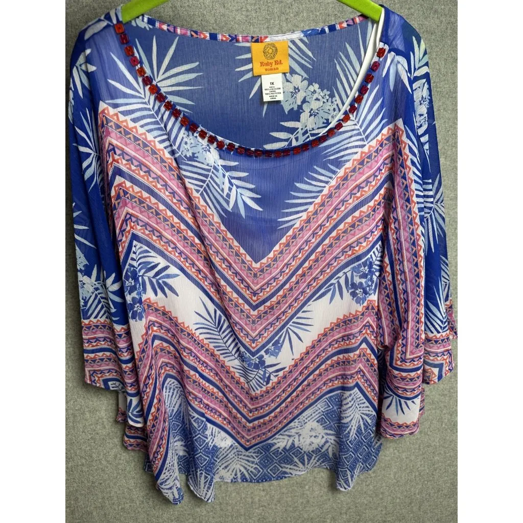 Ruby Rd NWT  1X Top Blouse Tropical Beaded Beach Colorful Batwing Lightweight - Image 12
