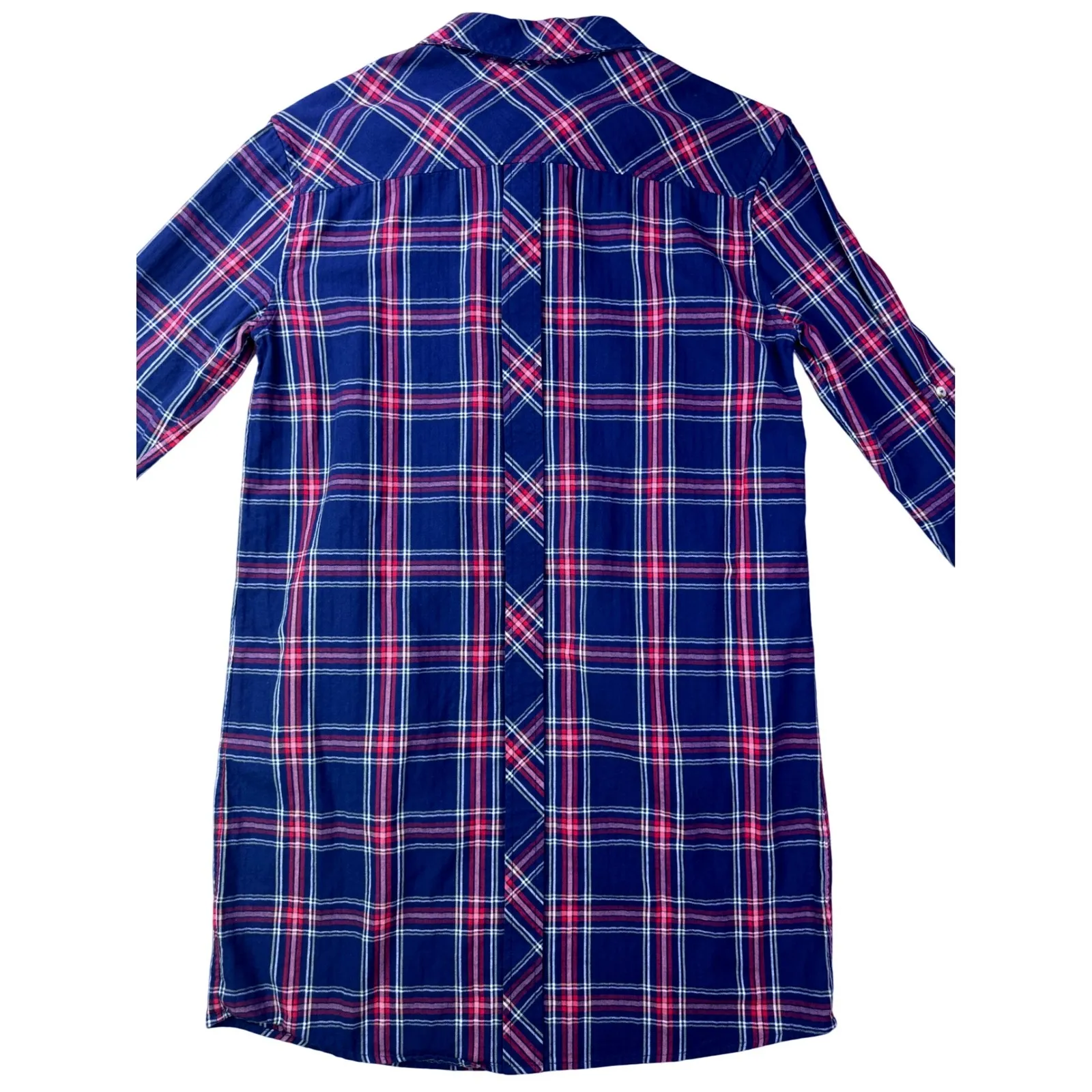 Southern Tide Women's Plaid Shirt Dress Size Medium Long Sleeve Roll Tab Navy - Image 11