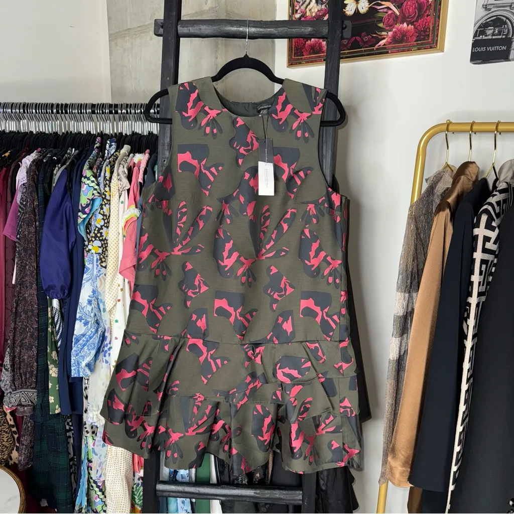 Banana Republic Jigsaw Jacquard Drop-Waist Ruffle Mini Dress Black Pink - Image 3