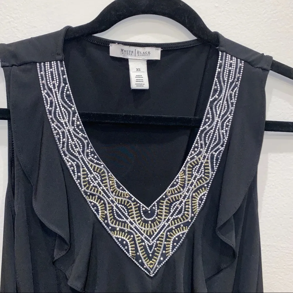 WHBM Black Rhinestone Beaded Metallic Ruffle Tunic Top Size XS - Image 3
