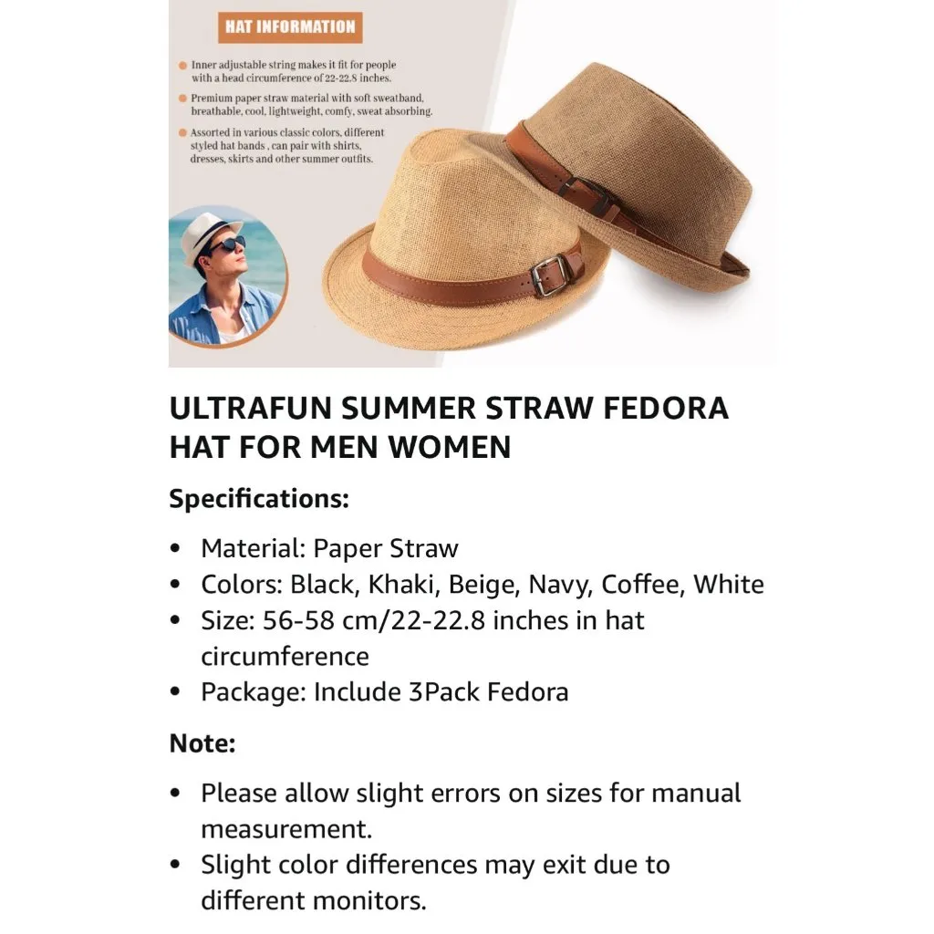 Ultrafun Straw Fedora Hat Beige Summer Beach Travel Hat Uni New - Image 10