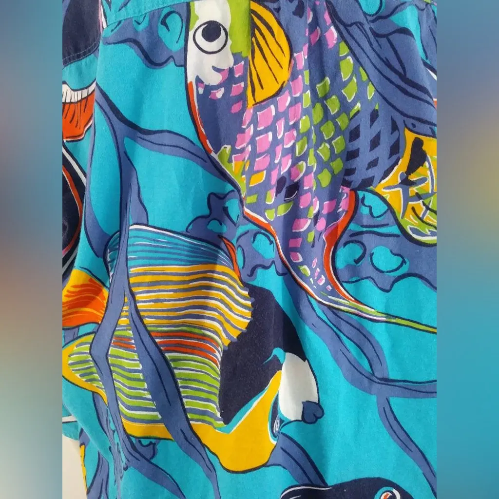 Vintage 80s 90s Fish Aquarium Blue Button Down Shirt Abstract Hawaiian XL - Image 4