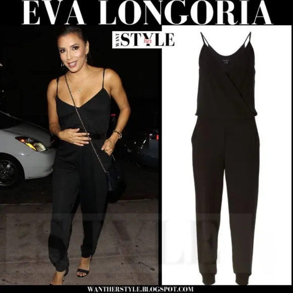 Theory Silk Black Jumpsuit Pockets Sz L Romper Spaghetti Straps ASO Eva Longoria - Image 2