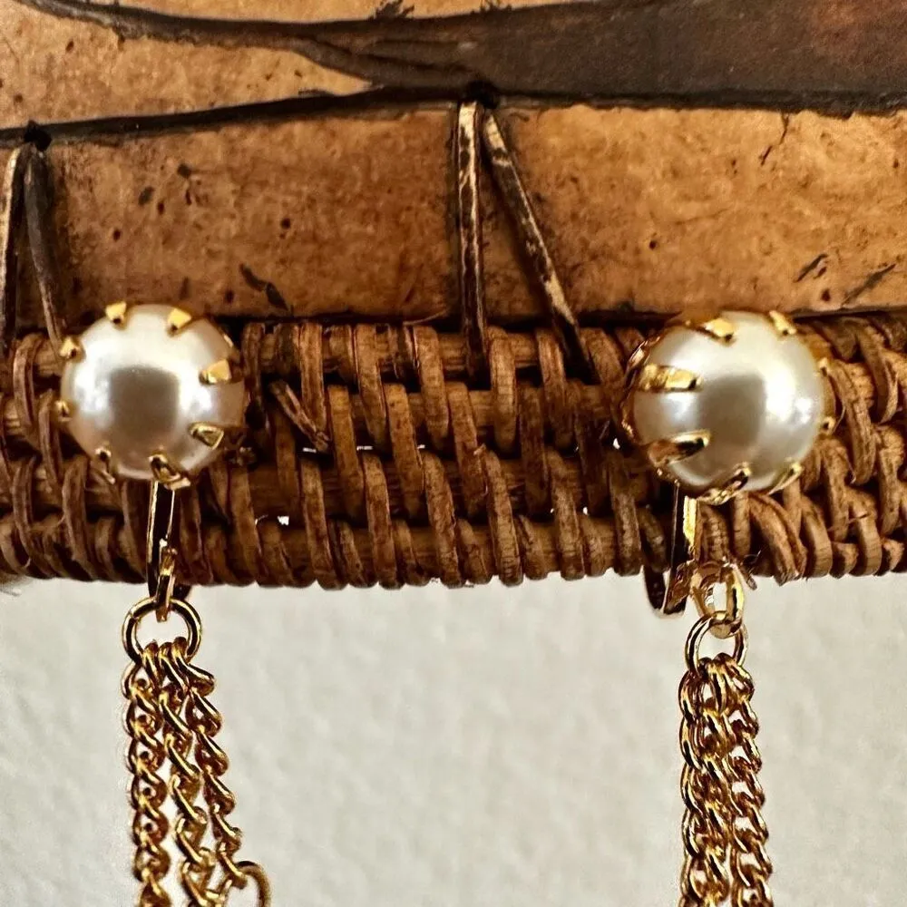 Gold tone faux pearl chain drop clip on earrings - Image 9
