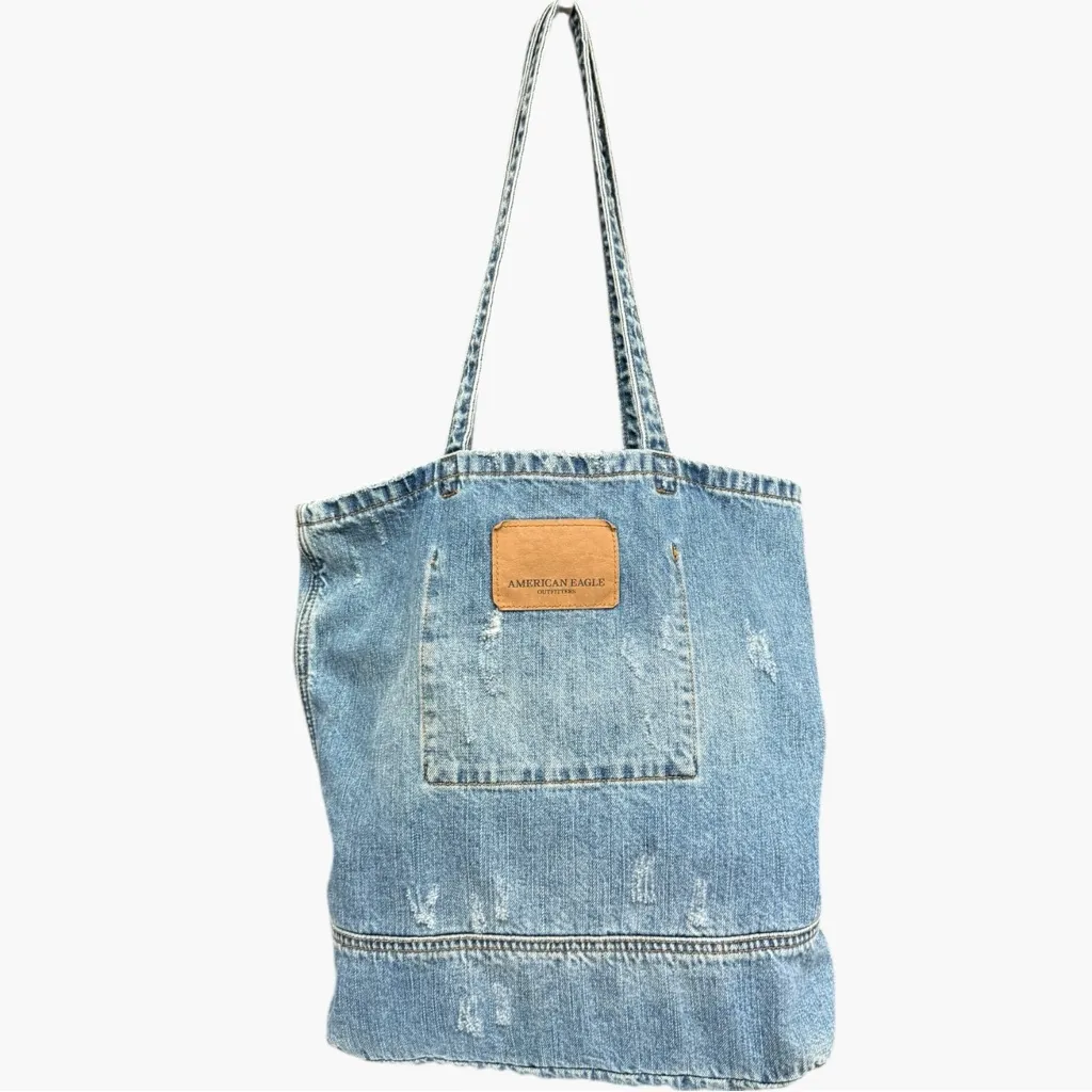 American Eagle Denim Tote Bag Blue Graphic Shoulder Bag 2017 Book Tote Beach Bag - Image 3