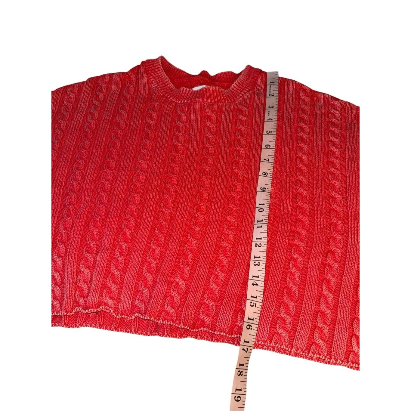 Aerie  Cotton Oversized Red Acid Wash Cropped Cable Knit Pullover Sweater - Image 6
