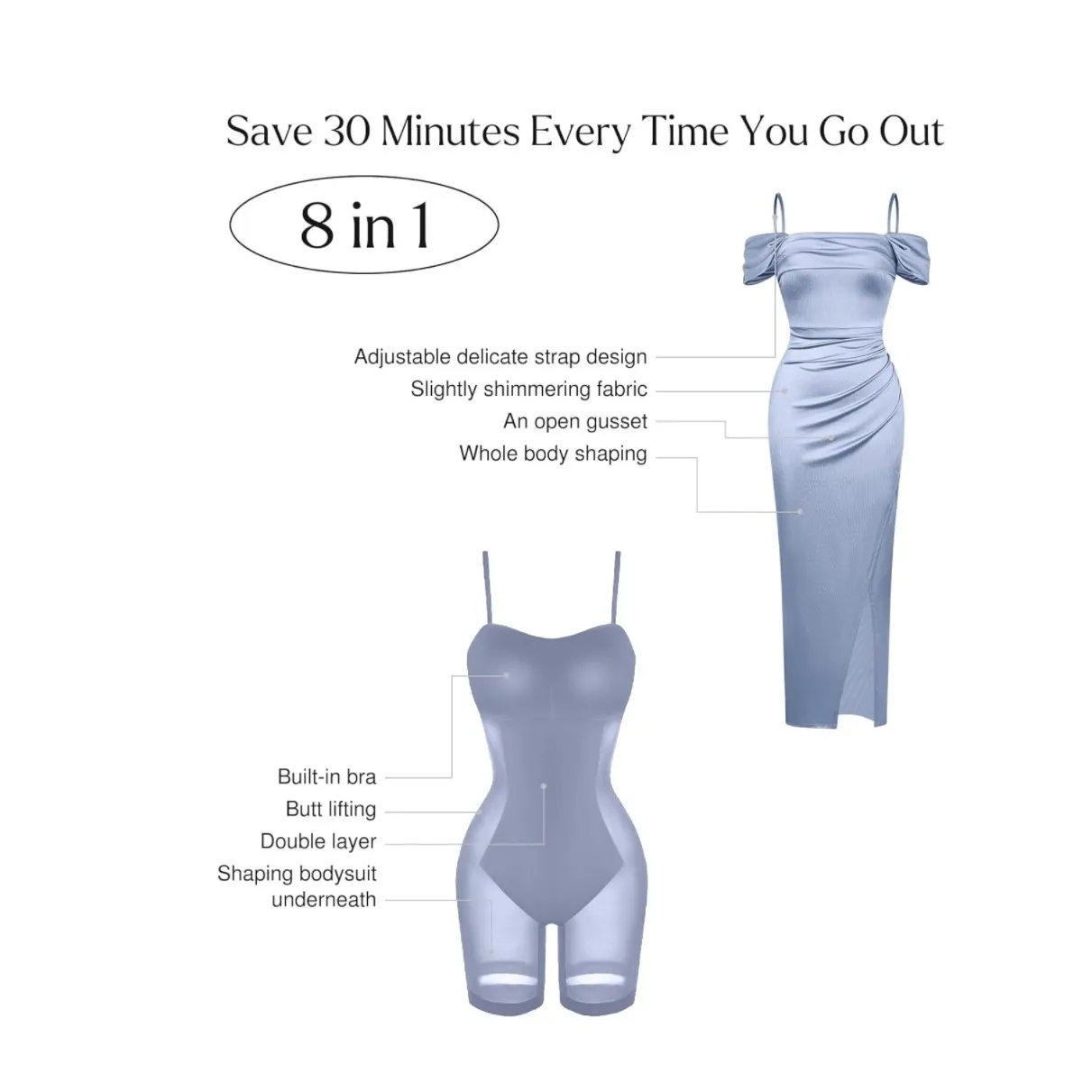 NWT Popilush Light Blue Multiway Shapewear Maxi Dress Off Shoulder Small - Image 5