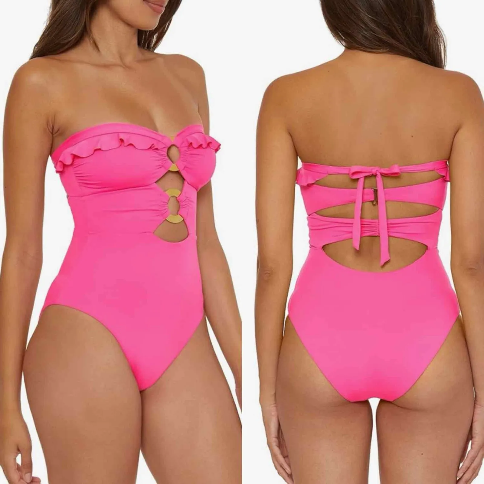Soluna Swim Standard Buckle Up One Piece Bandeau Swimsuit Size XL Pink - Image 3