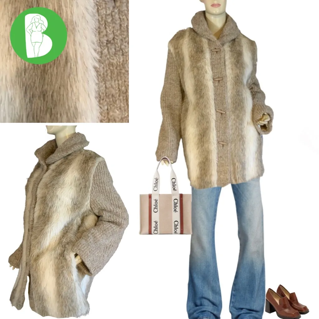 VINTAGE 1980’S D'ESPRIT DUBROWSKY & PERLBINDER TAUPE FAUX FUR & KNIT COAT (XL) Brown - Image 2