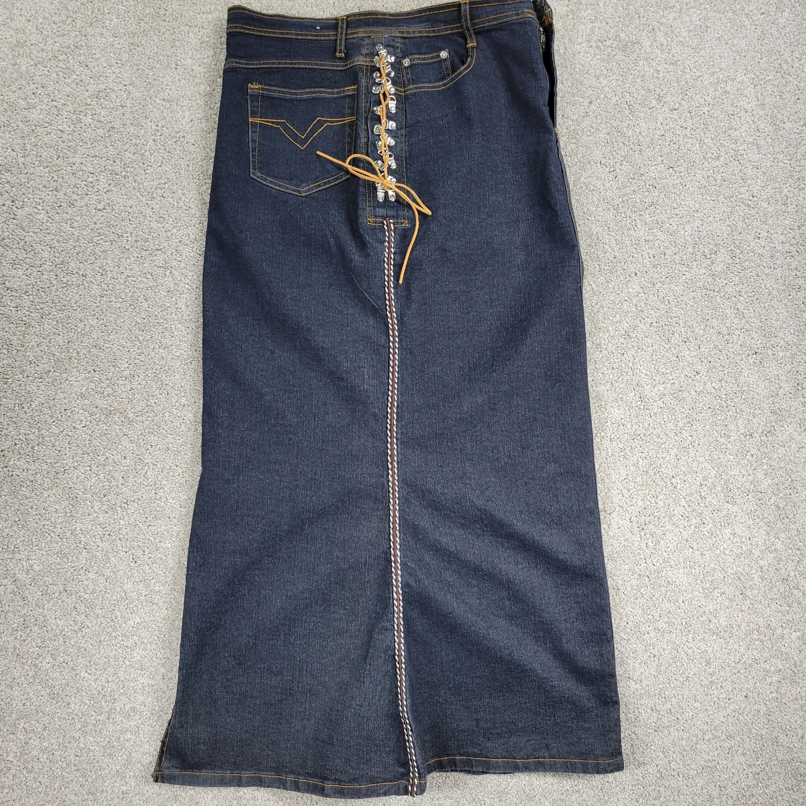 VTG‎ Guess Denim Maxi Skirt Womens M Blue Dark Wash Woven Eyelet Sides Slit Y2K - Image 5