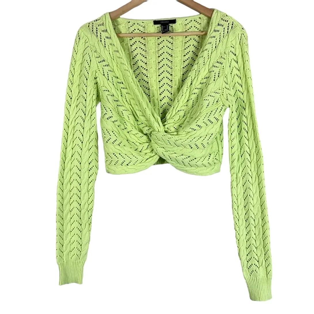 Forever 21 Twist Front Knit Sweater Womens S Green Cropped Boho Festival Retro - Image 3