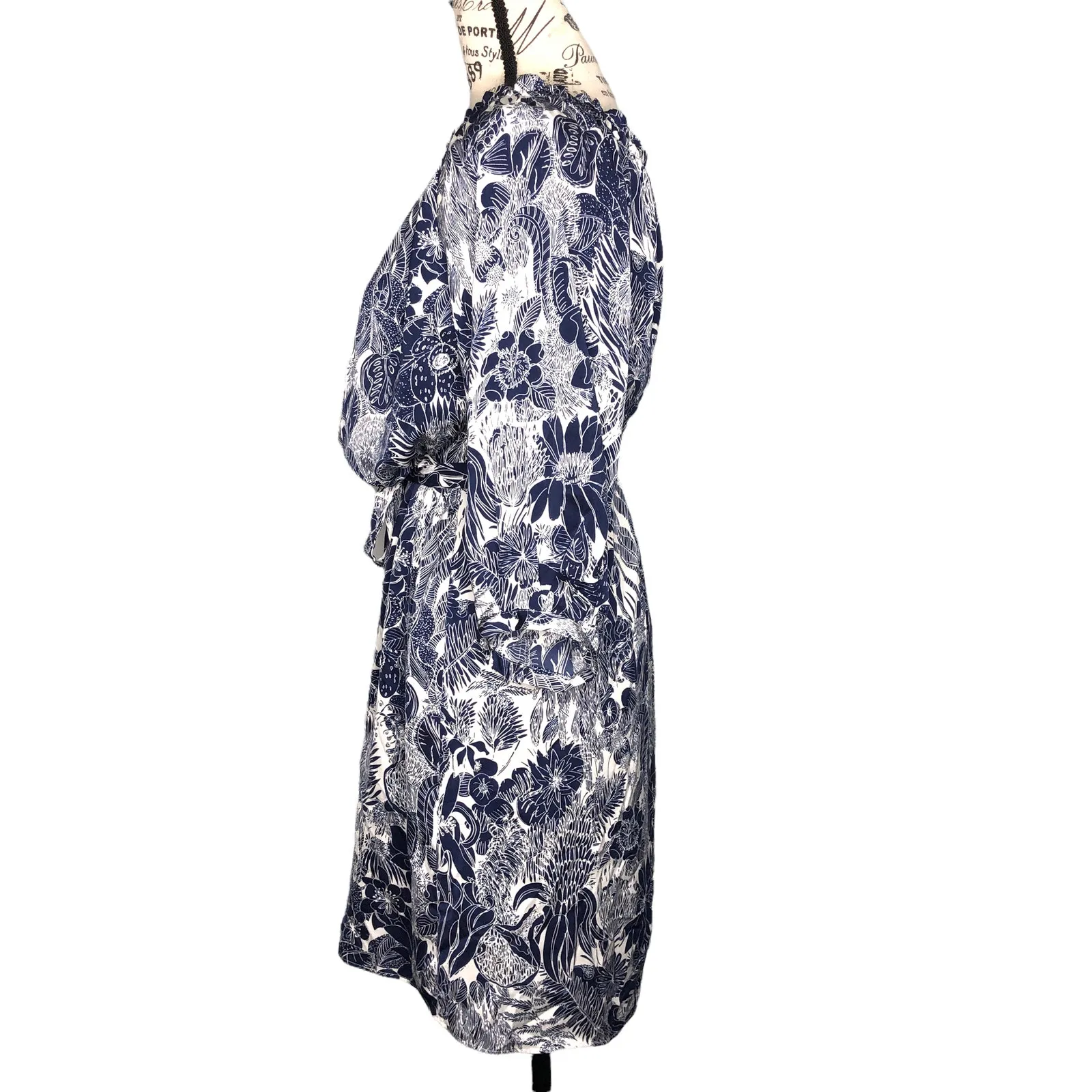 H&M Size 2 Floral 3/4 Cuff Sleeve Elastic Square Neck Waist Tie Shift Dress - Image 3